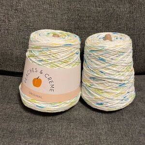 2 Cones of Peaches and Cream Yarn - Happy Go Lucky - Cotton White/Blue/Green